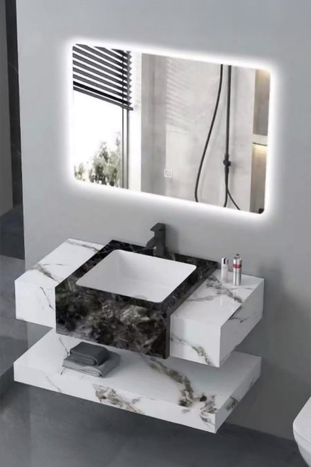 مغسلة حمام رخامية معلّقة بتصميم مزدوج اللون – مع مرآة LED